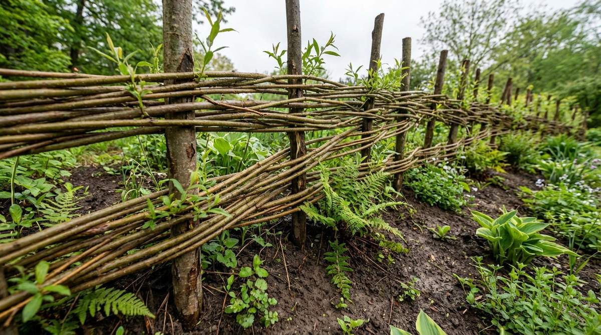 A close-up view of a living willow wattle fence, showcasing woven willow branches driven into moist soil to form a natural retaining structure. The image highlights the traditional technique of vertical stakes and horizontal whips, with lush greenery sprouting from the rooted willow, ideal for gentle slopes in cottage gardens and naturalistic landscapes.