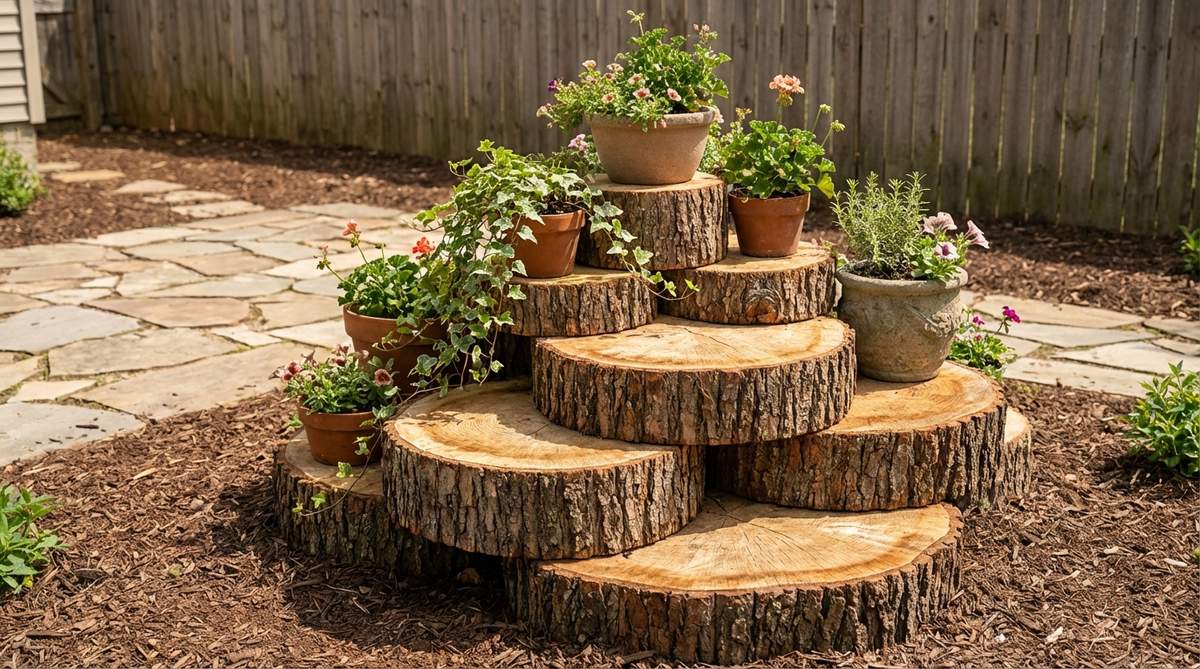 A rustic garden decor feature showing cross-cut log rounds stacked at varying heights to create tiered container displays with strong vertical presence. Each level accommodates pots of decreasing sizes as the tower rises, with exposed growth rings and bark creating natural visual interest.