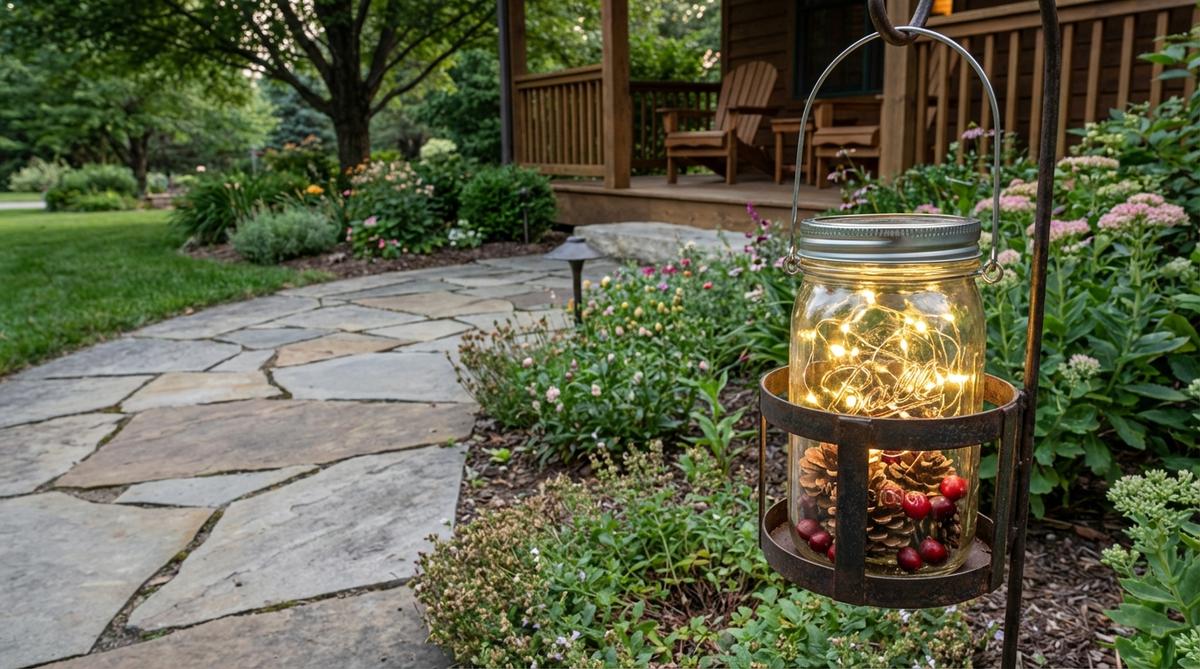 A vintage-style mason jar lantern with LED string lights, placed on a garden pathway edge in a weatherproof holder, filled with pinecones and cranberries for rustic charm, complementing farmhouse or cottage garden designs.