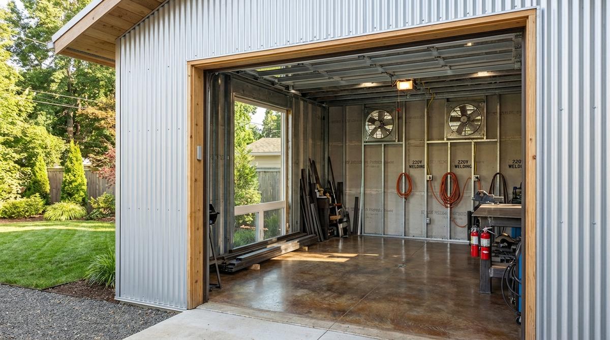 A contemporary metalworking studio inside a garden shed, featuring steel stud framing with cement board sheathing for fire resistance, industrial exhaust fans for ventilation, dedicated 220-volt electrical circuits for welding equipment, and sealed concrete floors with accessible fire extinguishers for safety.