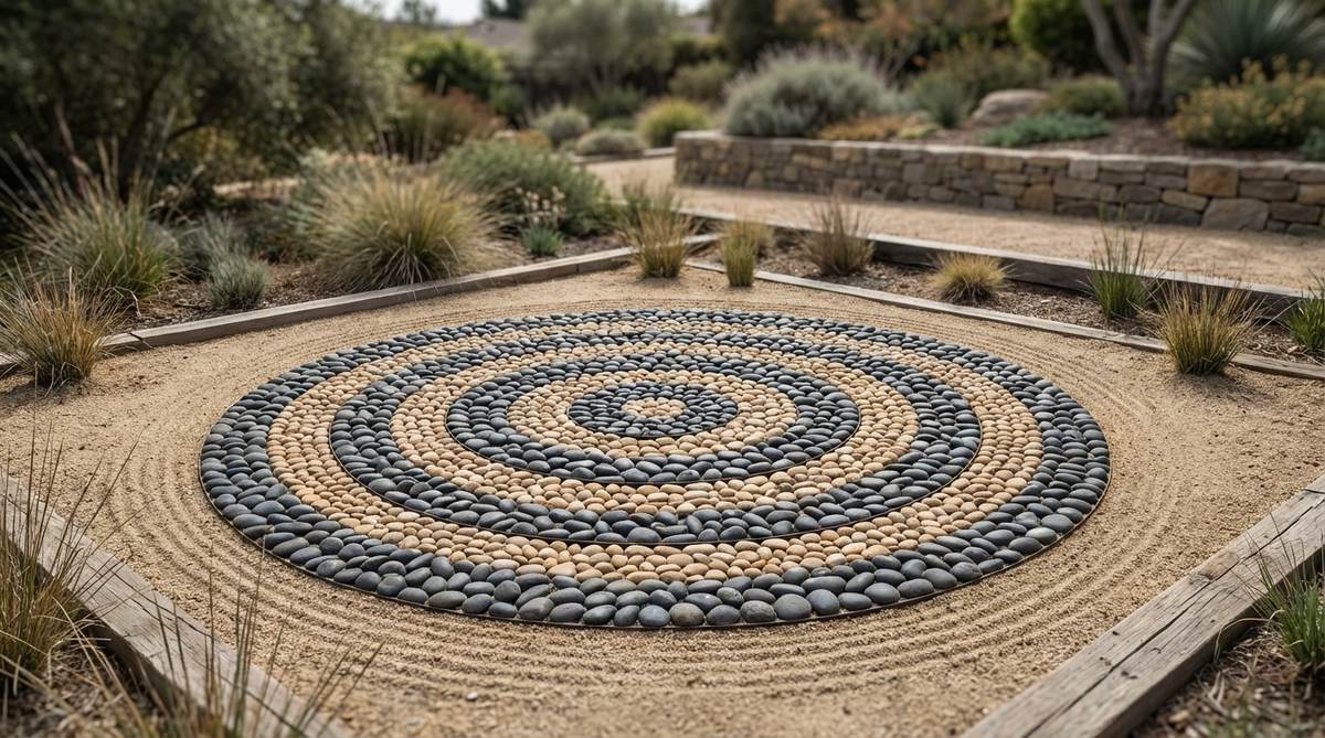 A minimalist stone garden mosaic featuring simple rings of contrasting pebbles set in a uniform background with generous negative space. This design emphasizes mindfulness and intentional simplicity, ideal for meditation gardens and minimalist landscapes. The circles can be empty or contain raked patterns for added contemplative character, providing visual rest in gardens with complex plantings or active water features.