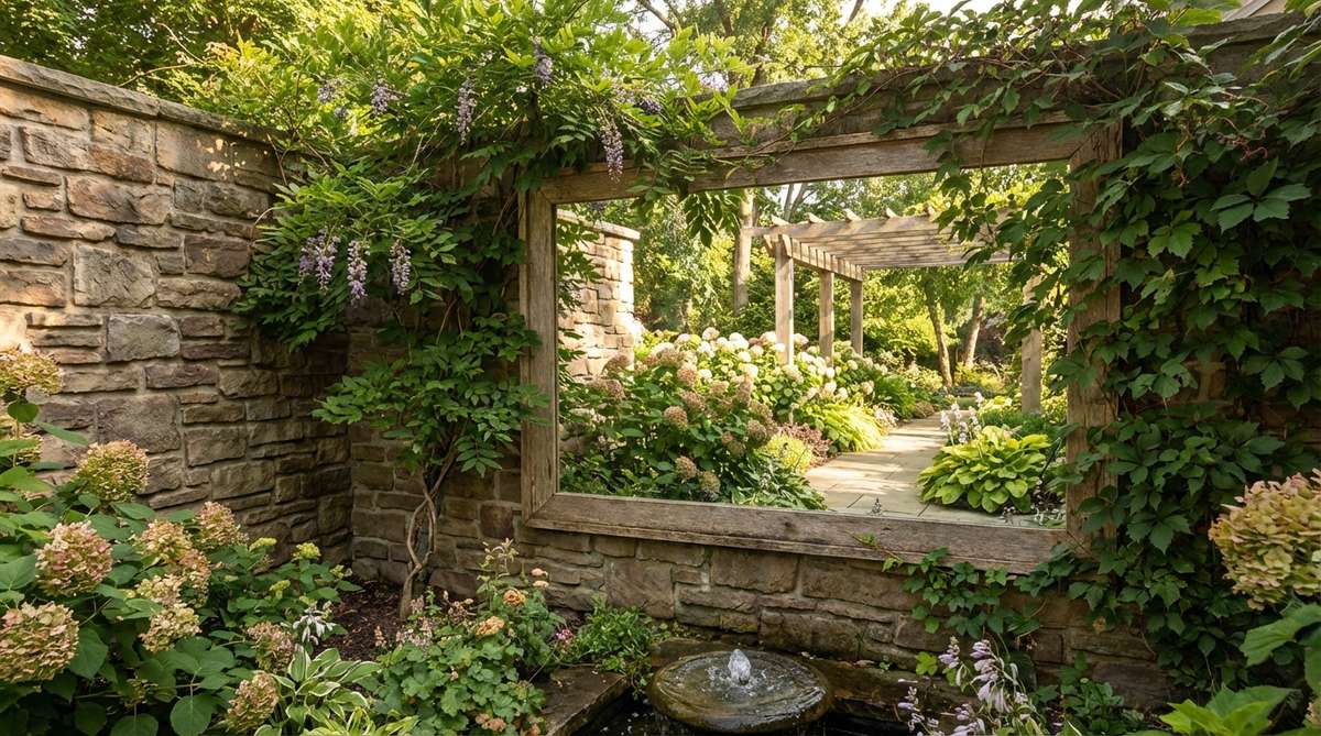 A weather-resistant mirror panel mounted on a corner wall in a small garden, reflecting light and creating the illusion of extended space. The mirror is framed with climbing plants to blend naturally into the garden, positioned to showcase attractive views and enhance the visual impact of plantings.