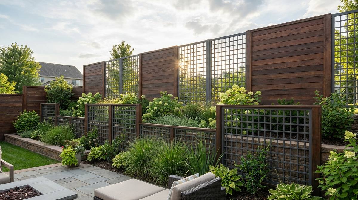 A modern garden trellis design combining solid wood panels with metal grid sections to create a privacy wall that maintains airflow and partial visibility. The mixed material approach prevents the tunnel effect of solid fencing while allowing strategic placement to preserve desirable views and block problem areas. Features varying panel heights for visual interest, with lower trellis sections in planting beds transitioning to taller solid sections at property lines.