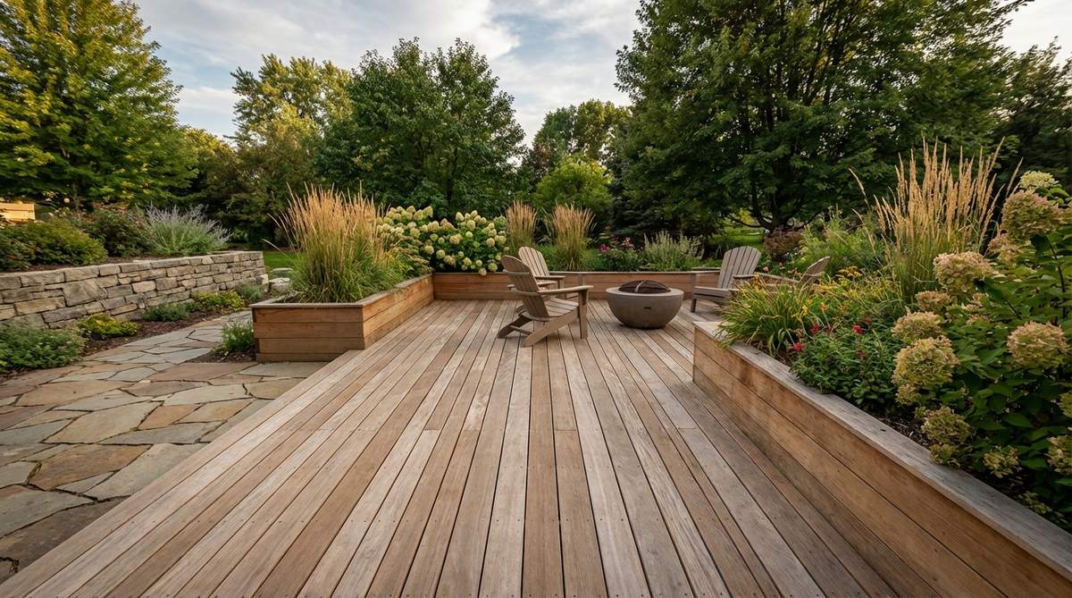 A photo showing mixed-width decking in a small garden patio, featuring alternating standard 5.5-inch and narrow 3.5-inch boards to create visual rhythm and a custom appearance with stock lumber, suitable for contemporary designs.