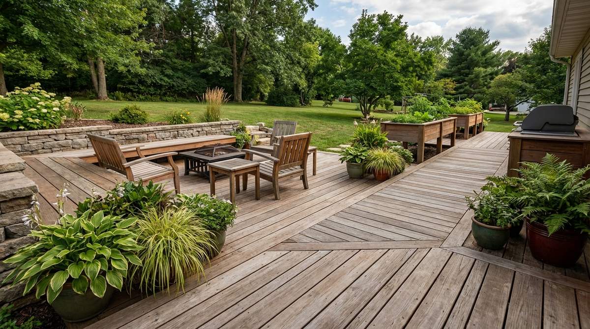 A small garden deck showcasing mixed-width planking, combining 5.5-inch and 7.25-inch boards to create visual texture and define zones. Wider planks in seating areas add stability, while narrower ones on paths enhance depth, making the deck feel more expansive.