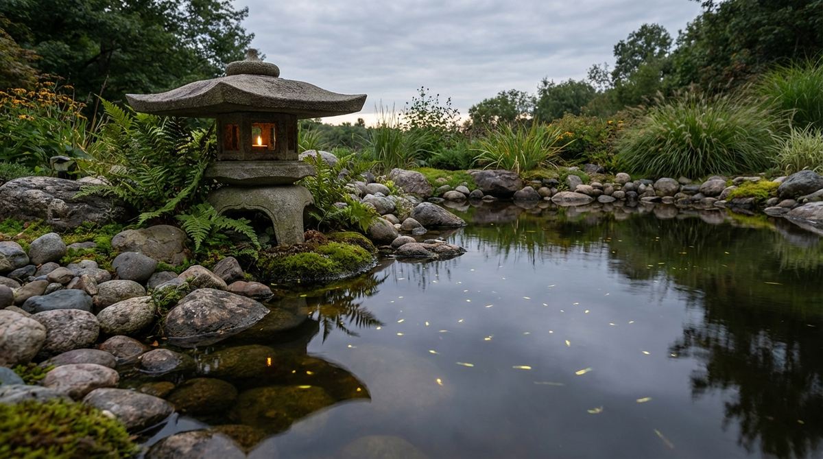 A low-profile Mizuhotaru stone garden lantern positioned at water's edge, creating delicate firefly-like reflections on the surface. This ikekomi-style lantern stands 12-18 inches tall with minimal roof overhang, perfect for naturalistic pond settings with moss and ferns.