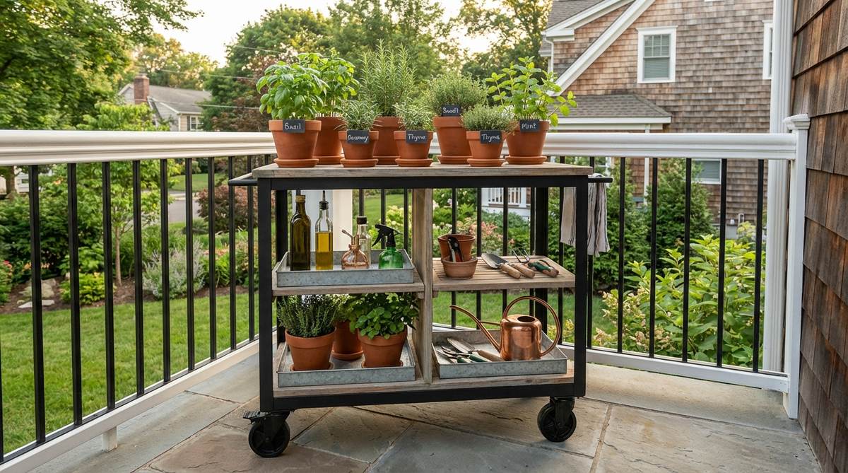 A mobile herb bar cart on a balcony, featuring a metal or wood cart with locking casters, loaded with potted herbs, bottles, and gardening tools. This movable garden station can be rolled between the kitchen and balcony to optimize sun exposure and weather protection, with weather-resistant finishes and trays for saucers.