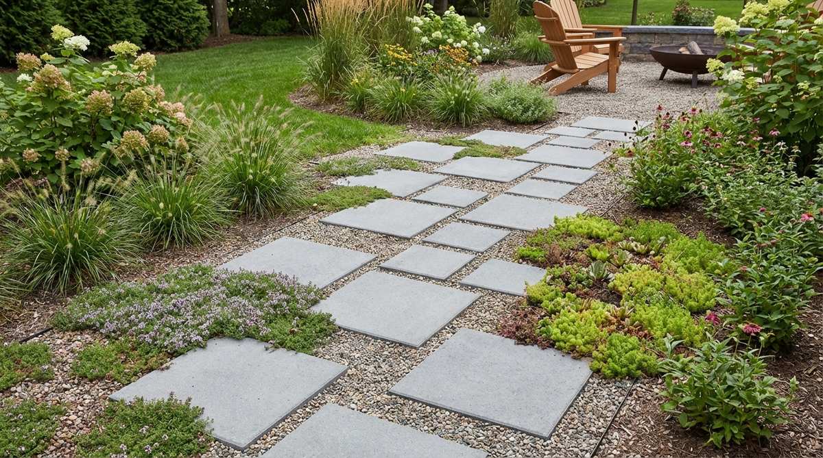 A geometric garden stepping stone pattern created with modular concrete tiles in 12-inch, 18-inch, and 24-inch squares. The tiles are arranged in an artistic composition that adds visual richness to the garden path. This budget-friendly design transforms utilitarian concrete into an artistic garden feature through careful planning and precise installation.