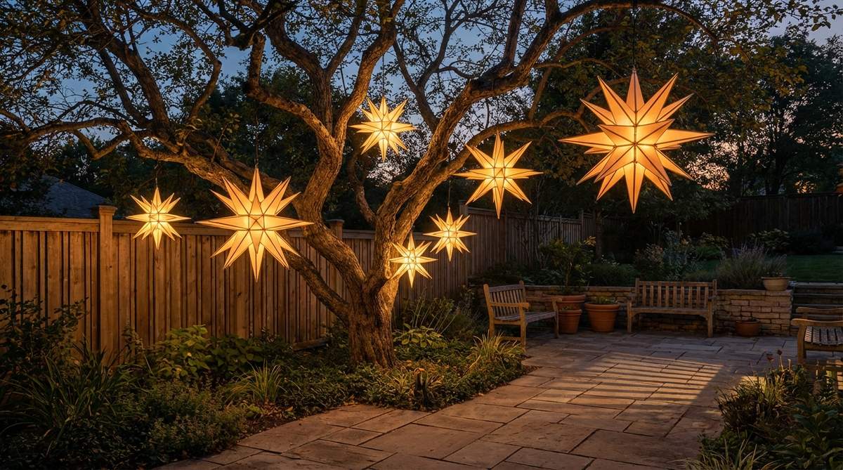 Three-dimensional Moravian star pendants hanging from branches of an outdoor decor tree, adding geometric interest and cultural significance. The illuminated stars range from 12 to 36 inches in diameter, providing visual weight to balance tree proportions. They are suspended at varying heights in the canopy, catching light from multiple angles and creating shadow patterns against walls and ground surfaces.