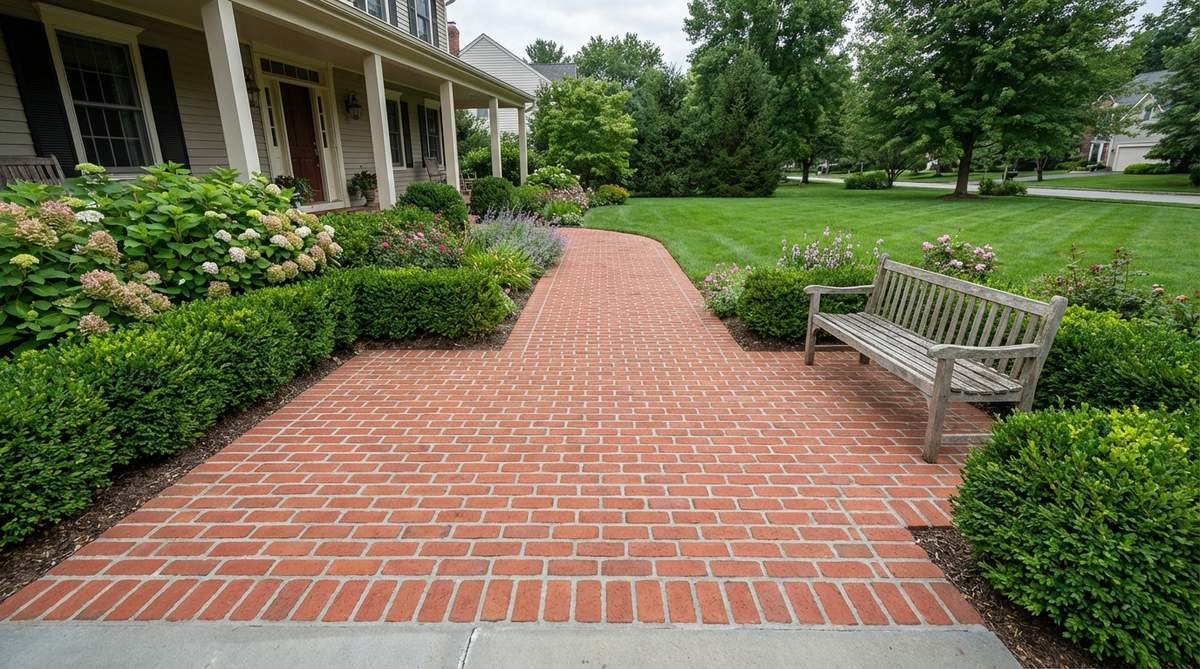 A professional garden design featuring a mortared formal path made of bricks set in mortar over a concrete base. The image showcases a permanent, high-traffic installation suitable for front walkways, formal courtyard entries, or commercial landscapes, with flush or slightly recessed mortar joints for a clean, durable finish.