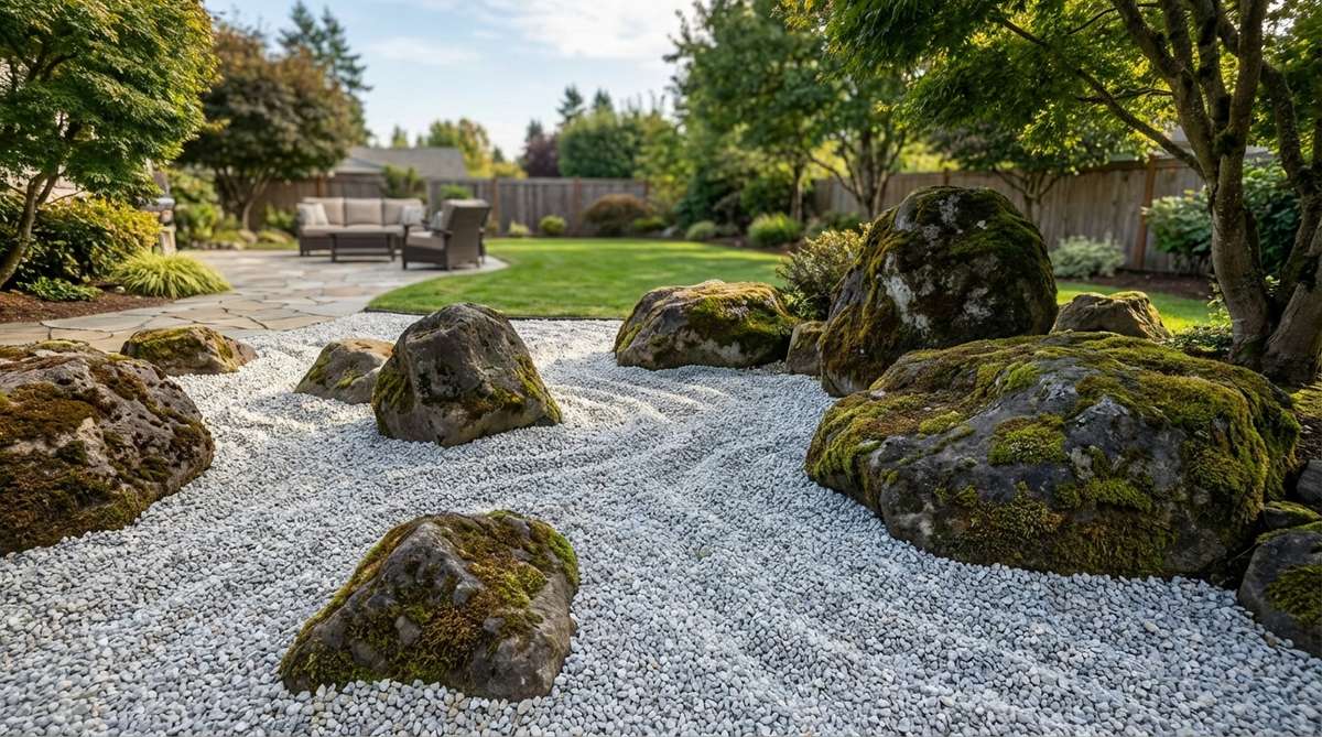 A garden design featuring weathered boulders partially covered with moss rising from pale gravel, creating an ocean-like effect. The composition uses light grey crushed limestone or granite chips to maximize contrast with dark moss-covered stones, producing dramatic visual tension in a minimalist rock garden setting.