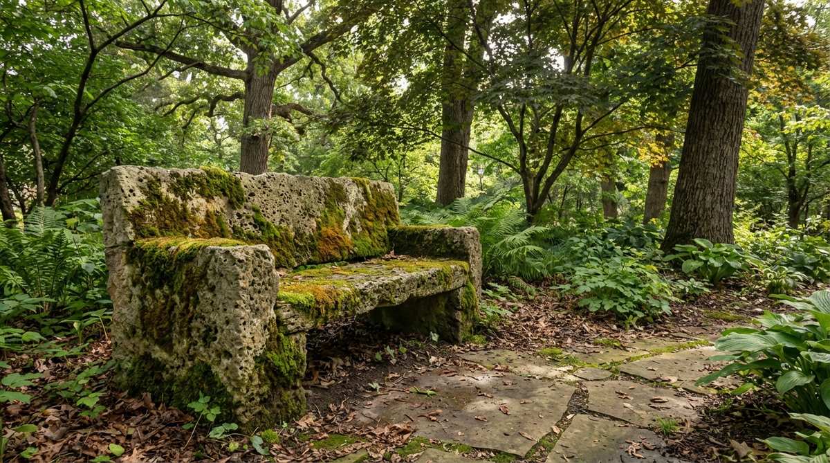 An aged stone bench with natural moss growth in a shaded garden setting, featuring porous sandstone or limestone softened by verdant moss patina that creates tactile interest and seasonal color variations under filtered light.
