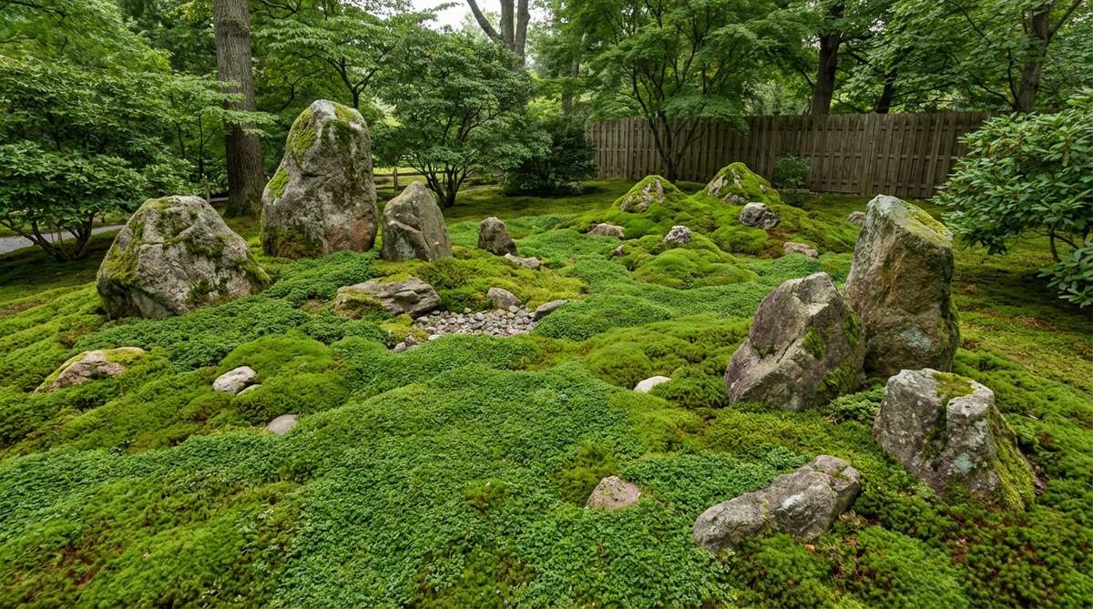 A serene Japanese moss rock garden featuring weathered stones arranged in traditional odd-numbered groupings amid lush green moss carpets. This karesansui (dry landscape) design uses moss instead of raked gravel to create a low-maintenance garden with year-round visual interest, where stones represent mountains rising from green seas.