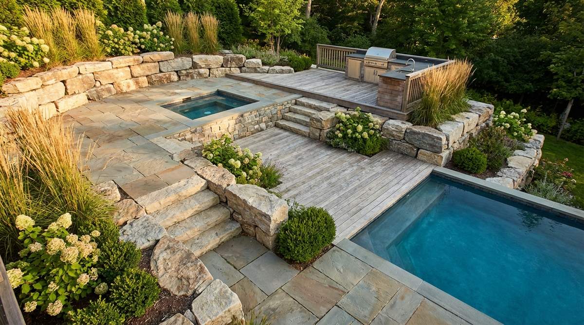 A dramatic multi-level terrace pool design for small gardens, featuring pools at different elevations connected by stone steps or timber decking. The upper level includes a small spa while the lower terrace holds the main plunge pool, creating vertical interest and maximizing use of sloped sites. This luxury resort-style landscape incorporates professional grading and retaining walls for stability.