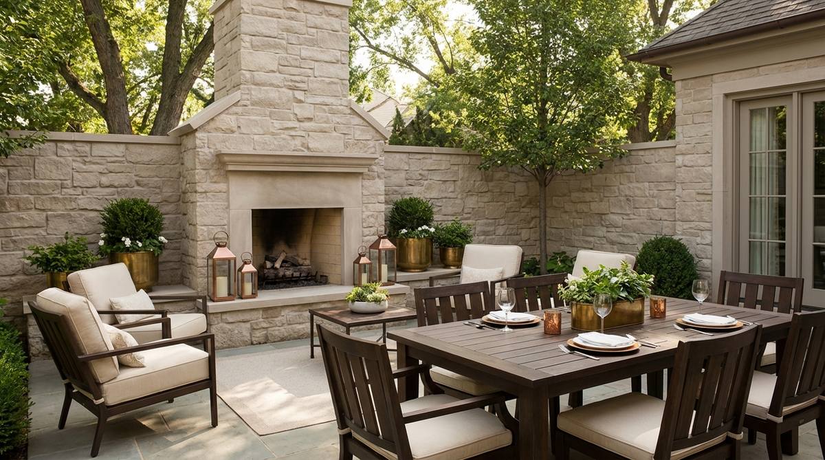 A sophisticated neutral palette featuring soft mushroom taupe walls, warm ivory upholstery, deep umber wooden furniture, and accents of metallic copper or brass, creating an elegant and grounded dining or living room space.