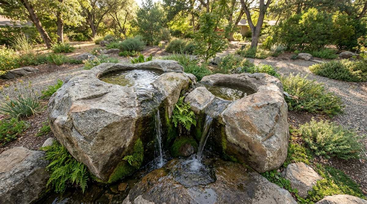 A rustic natural boulder basin in a stone garden fountain, featuring large boulders with naturally formed depressions that hold and overflow water, creating a naturalistic appearance with moss growth in shaded areas.