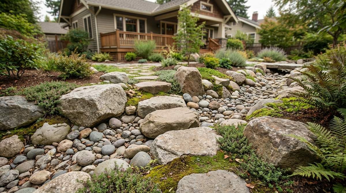 A rustic zen garden bridge created from large river rocks or field boulders (24-36 inches across) positioned at irregular intervals (12-30 inches apart). The natural stone crossing encourages mindful walking by requiring careful attention to each step, embodying zen principles of presence in everyday activities.