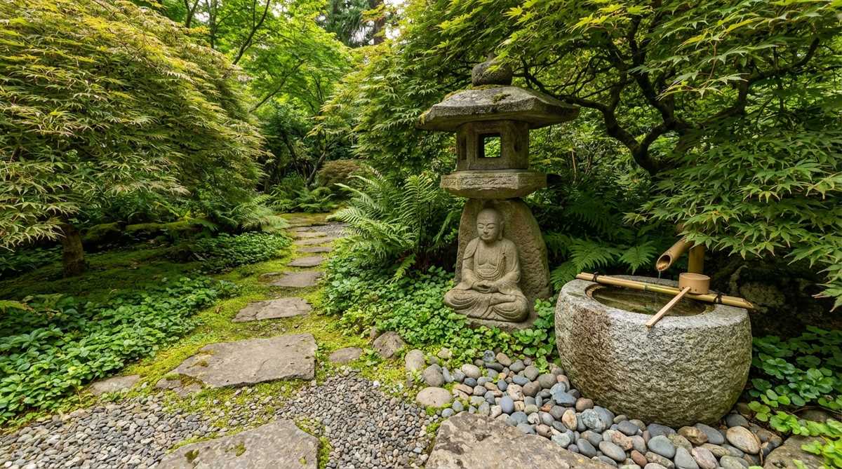 A distinctive oribe lantern featuring a carved cross-legged figure as its pedestal, positioned near a stone water basin along a tea garden path. This sculptural lantern adds human scale and narrative interest to the zen garden setting, representing devotion and mindful service through its irregular shape and approachable design.