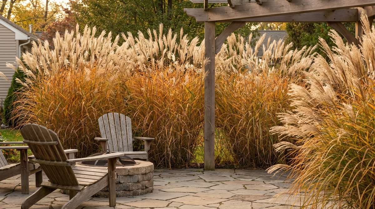 A cozy garden featuring a tall ornamental grass screen made of miscanthus, switchgrass, or giant feather reed grass, creating a translucent veil that provides privacy while allowing airflow. The grasses add kinetic interest with their seasonal movement, extending visual appeal into winter with autumn seed heads, and require minimal maintenance for a low-commitment privacy solution.