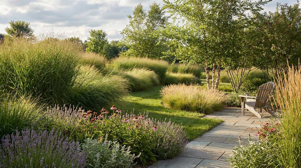 A serene garden scene featuring rows and drifts of ornamental grasses like switchgrass, little bluestem, or feather reed grass, swaying gently in the wind to create waves of movement and a soft rustling sound. The grasses are arranged in broad sweeps, combined with low perennials at the front and small trees behind to add depth, supporting a relaxing garden lifestyle with minimal maintenance and shifting light through their plumes throughout the day.