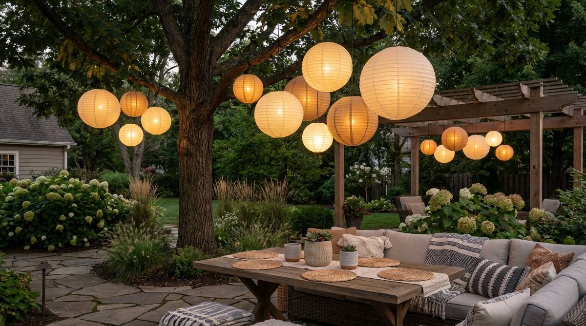 Spherical paper lanterns in cream, white, and natural tones hanging in clusters from tree branches or canopy frames, providing soft diffused lighting for boho decorations. Mix of 12-inch, 16-inch, and 20-inch diameter lanterns with battery-powered LED lights creating warm candlelight effect.