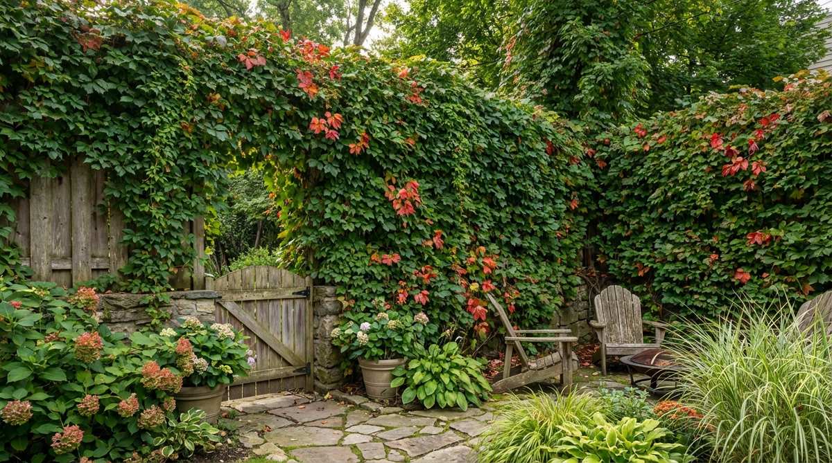 A lush green wall of Virginia creeper or related Parthenocissus species, clinging to a cottage wall or fence with adhesive tendrils, creating visual depth and making a small garden space appear larger. The dense foliage provides a vibrant backdrop, with potential hints of brilliant red fall color, ideal for enhancing the structure and charm of a small garden cottage.