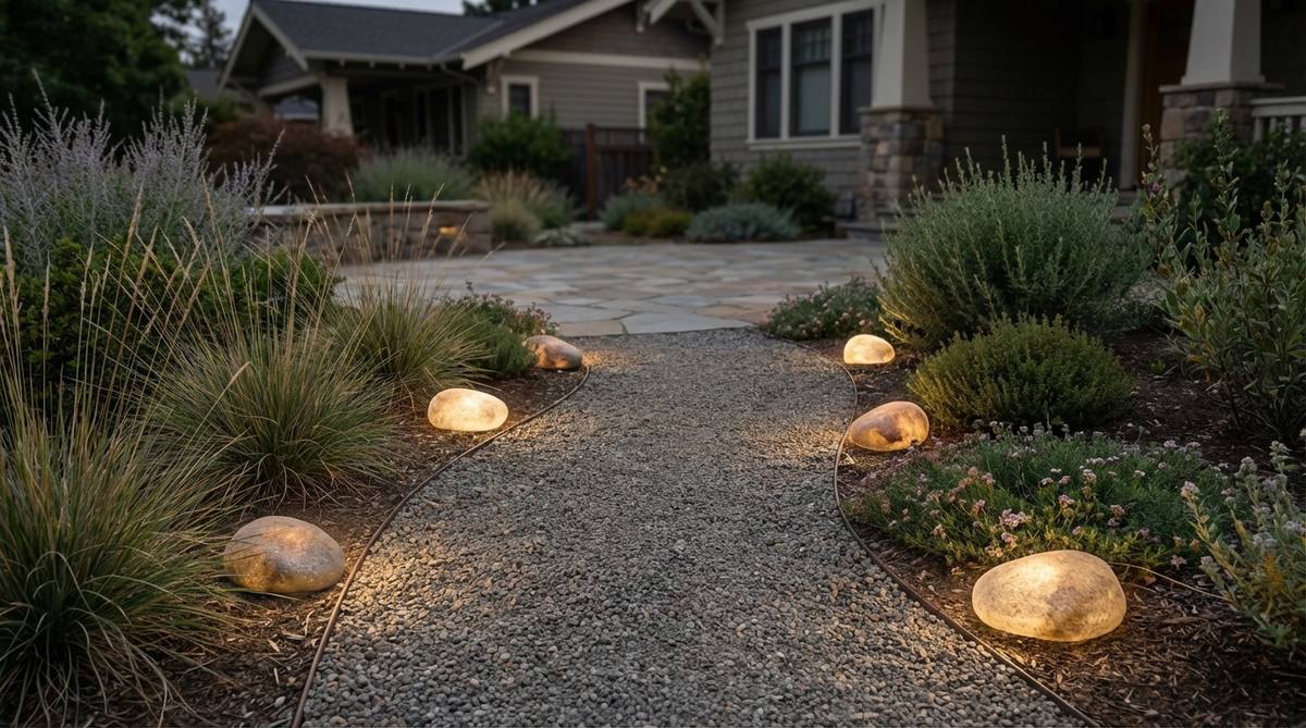 LED garden lights disguised as natural stones, scattered irregularly along a gravel pathway to provide organic illumination while maintaining natural aesthetics during daylight.