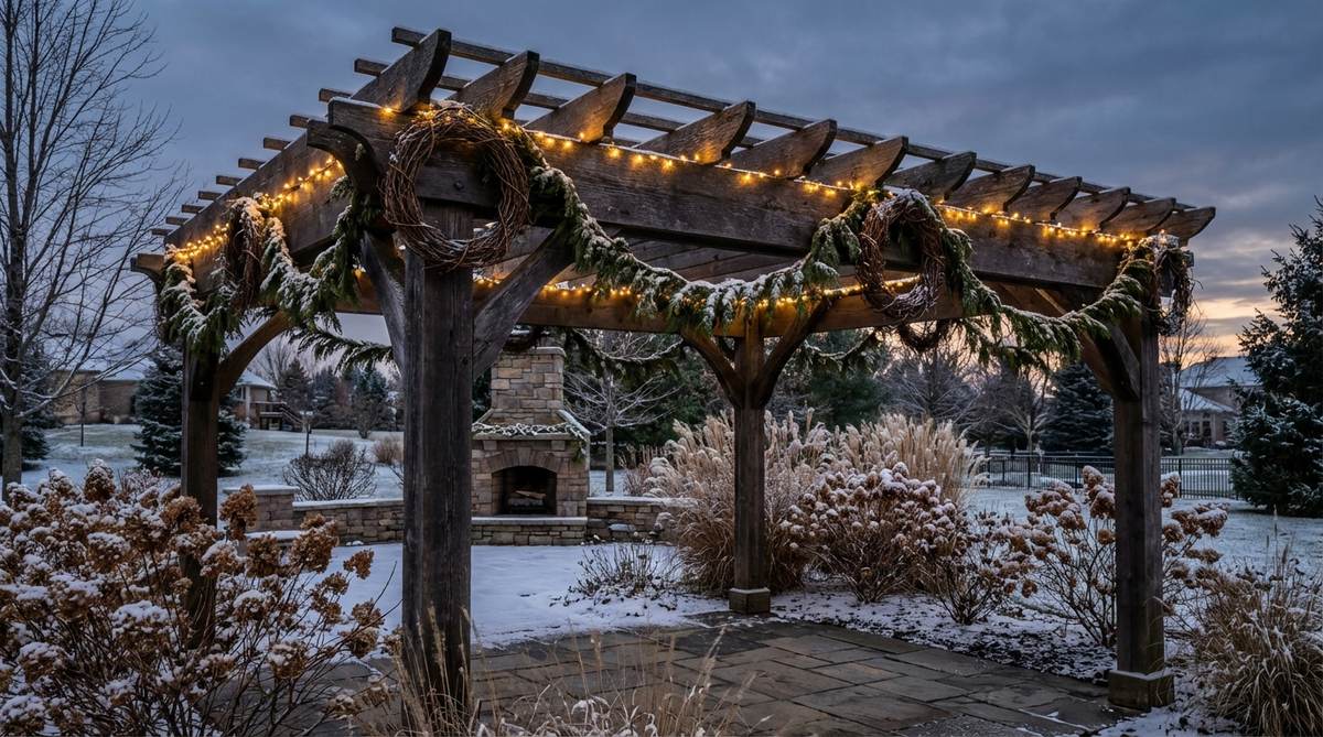 A winter scene featuring a pergola or arbor decorated with garland swags and grapevine, creating a focal point in outdoor decor. The structure is adorned with gentle curves of garland between rafters, secured with wire, and enhanced by battery-operated string lights along the top beams to highlight architectural lines in the evening.