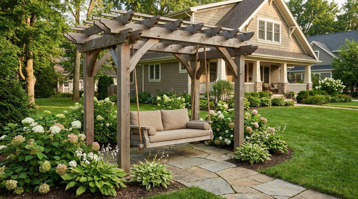 A small garden pergola featuring a comfortable swing seat suspended from sturdy beams, creating a relaxing focal point with safe clearance for gentle motion in family outdoor spaces.