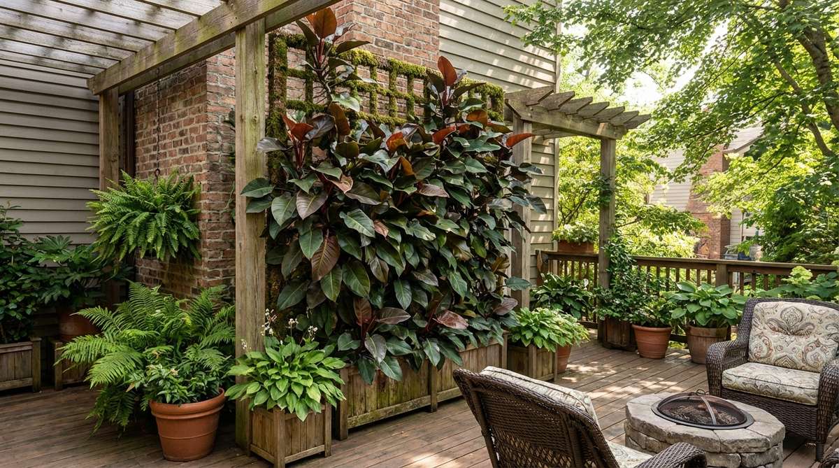 A philodendron plant trained to climb a moss pole or trellis, creating a living wall on a balcony. The plant features color-changing leaves, such as those of the black cardinal variety, with support structures installed for upward growth. Ideal for bright indirect to partial shade conditions, showcasing its versatility for balcony decor.