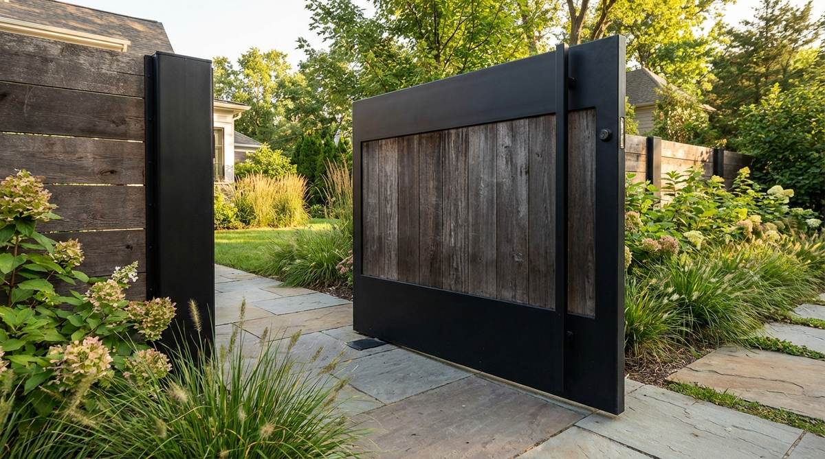 A contemporary garden fence featuring a pivot gate with offset axis hardware. The gate swings smoothly with minimal effort due to the off-center pivot mechanism, ideal for oversized gates in dramatic garden entries. The concealed floor-mounted hardware provides clean aesthetics while efficiently bearing weight for larger gate panels. Professional installation ensures proper alignment, with soft-close dampeners preventing slamming.