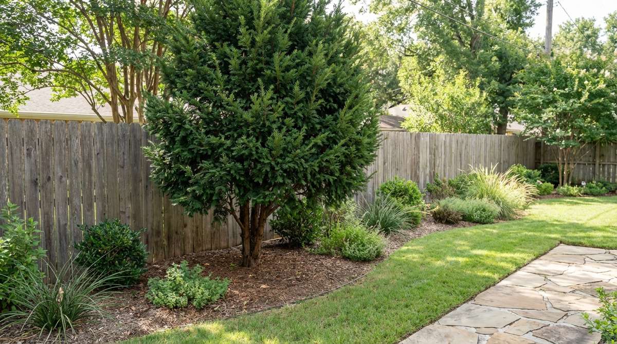 An upright evergreen tree with yew-like foliage, ideal for small gardens, growing slowly to 8-12 feet, suitable for privacy screens in zones 8-11.