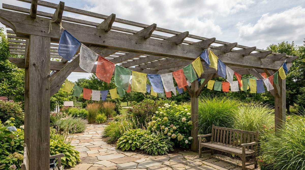 Colorful fabric prayer flags hanging diagonally across a garden pergola, adding festive movement and cultural charm with traditional Tibetan designs or modern patterns that weather naturally to create soft vintage character.