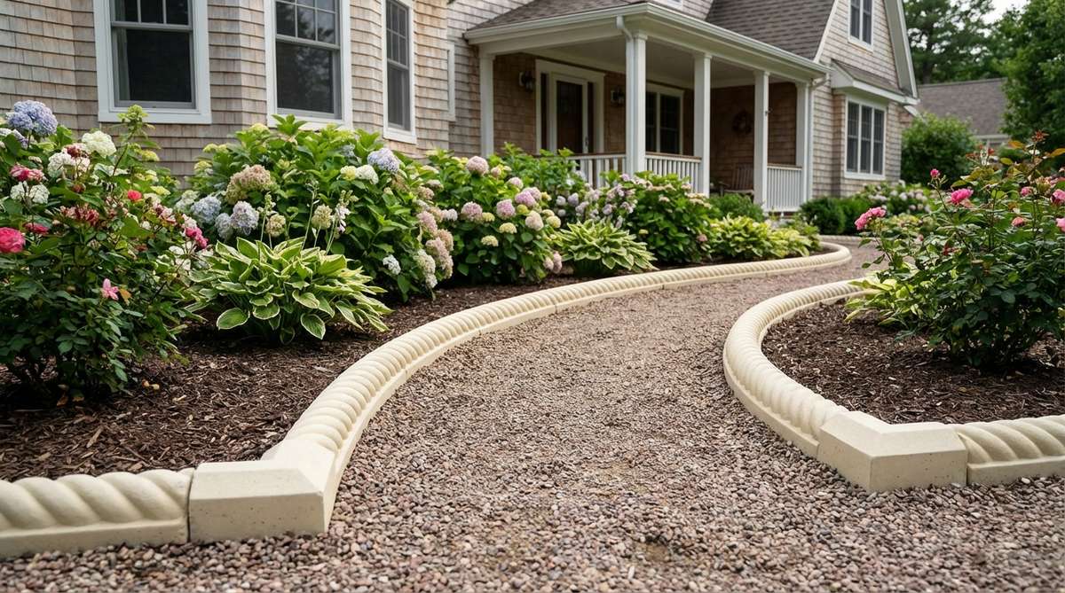 A decorative precast concrete rope edging with a Victorian-inspired twisted-rope pattern, ideal for defining flower beds and pathways in cottage gardens and period homes. The light-colored units, available in white, cream, or buff, feature a raised profile of 4-6 inches and include matching corner pieces for seamless installation.