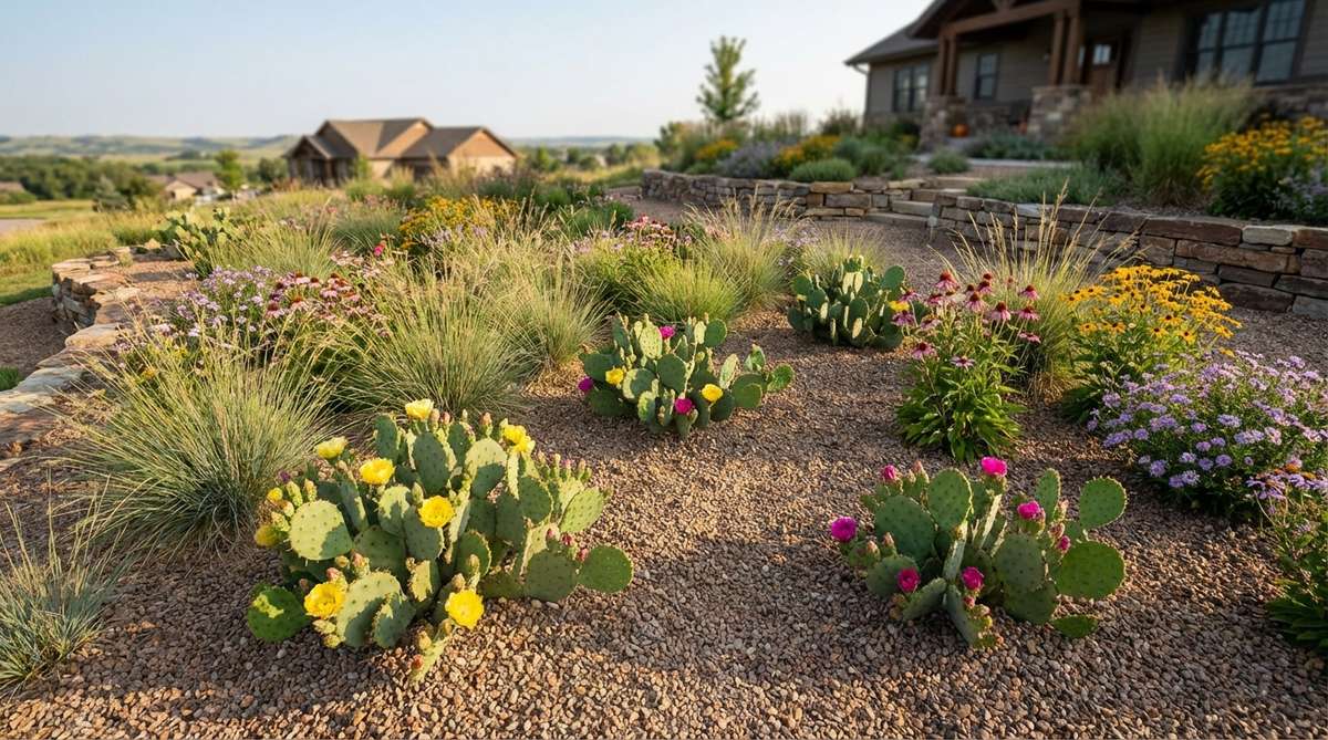 Opuntia species, such as Eastern prickly pear (Opuntia humifusa), showcasing paddle-shaped pads and vibrant yellow or magenta flowers in a gravel garden bed, planted 36 inches apart and paired with native prairie grasses and wildflowers for an authentic high-desert or prairie aesthetic.