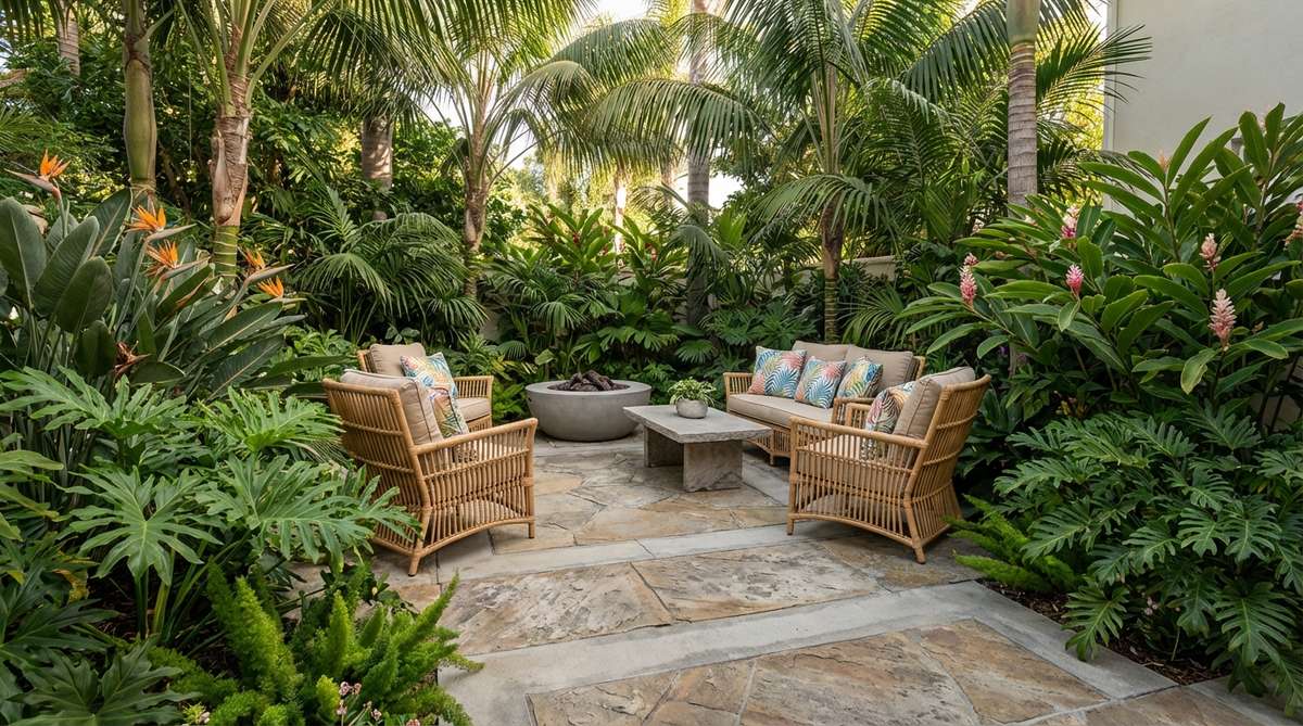 A compact hardscape courtyard featuring natural rattan seating completely enclosed by tropical plantings, with textured concrete or stone flooring for durability. This design creates intimate retreat zones within larger gardens, enhanced by colorful cushions with palm prints to reinforce the tropical theme.