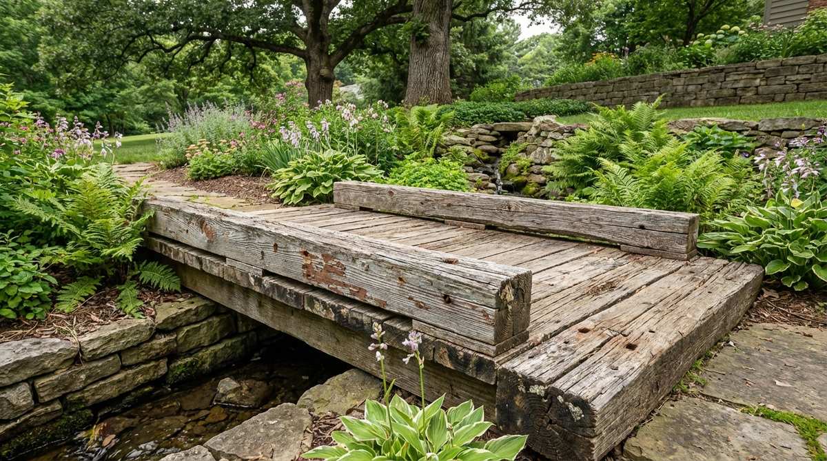 A rustic mini garden bridge made from reclaimed wood, such as salvaged barn siding or railway timber, showcasing unique weathering patterns, nail holes, and grain variations for historical character and cottage-style appeal.