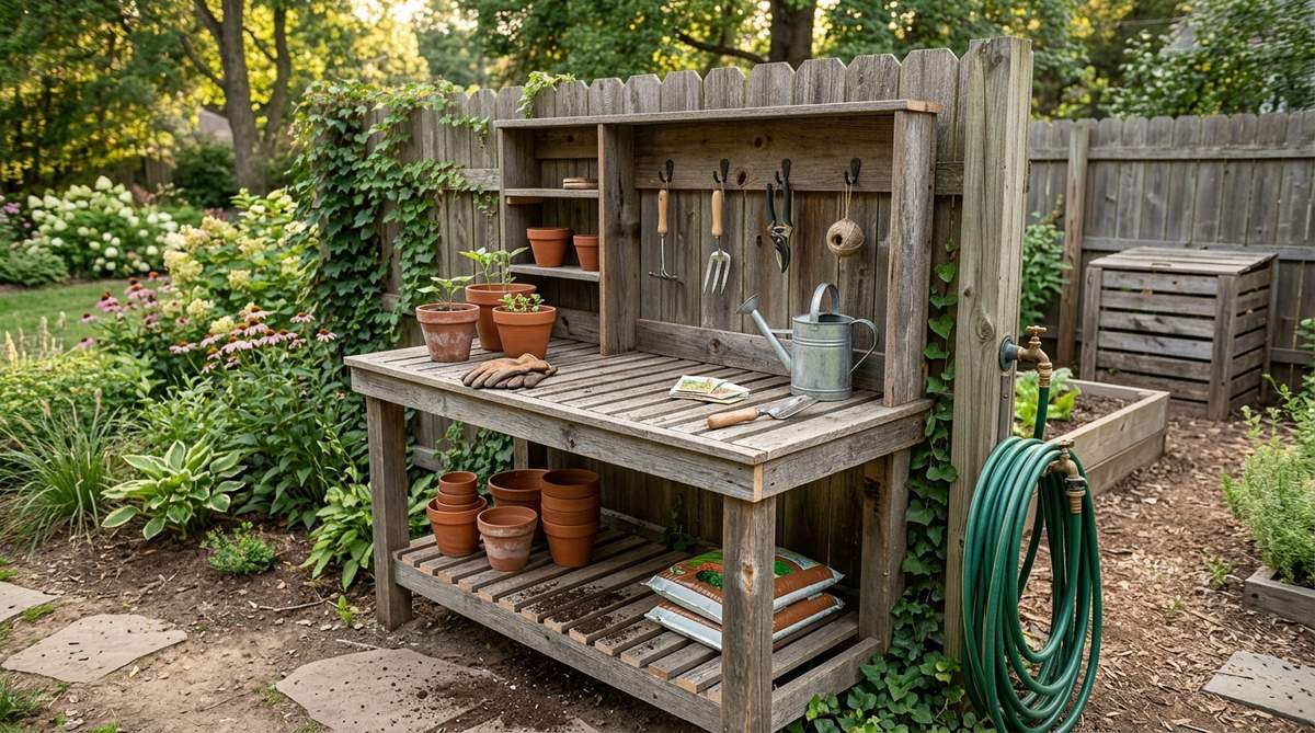 A rustic reclaimed wood potting bench with a functional design, featuring salvaged barn wood or fence boards, a lower shelf for pot storage, an upper surface at thirty-six inches for comfortable working height, hooks for hanging tools, and a raised back to prevent items from falling. Positioned near water sources and compost areas, its open slatted structure allows soil debris to fall through for easy cleanup, adding visual interest with varied wood tones and textures for efficient garden maintenance.