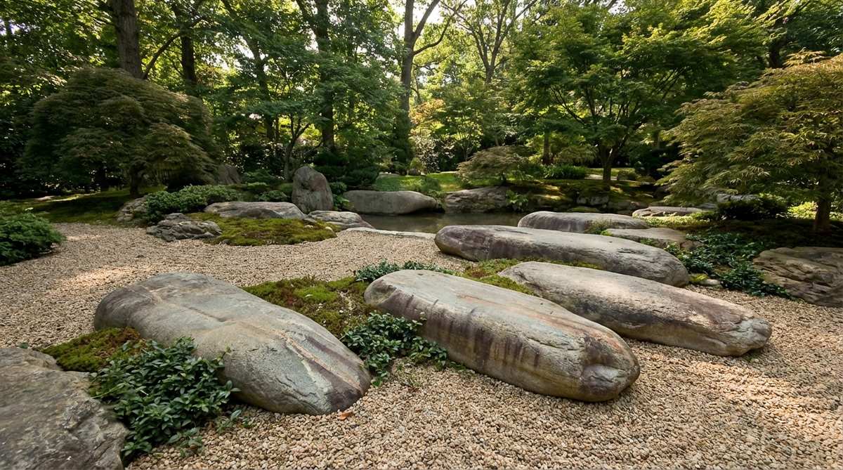 Long horizontal water-worn river stones partially embedded in gravel, arranged at gentle angles to represent a shoreline meeting water in a Japanese garden. The stones show smooth surfaces and rounded edges from natural erosion, telling the visual story of centuries of water contact.