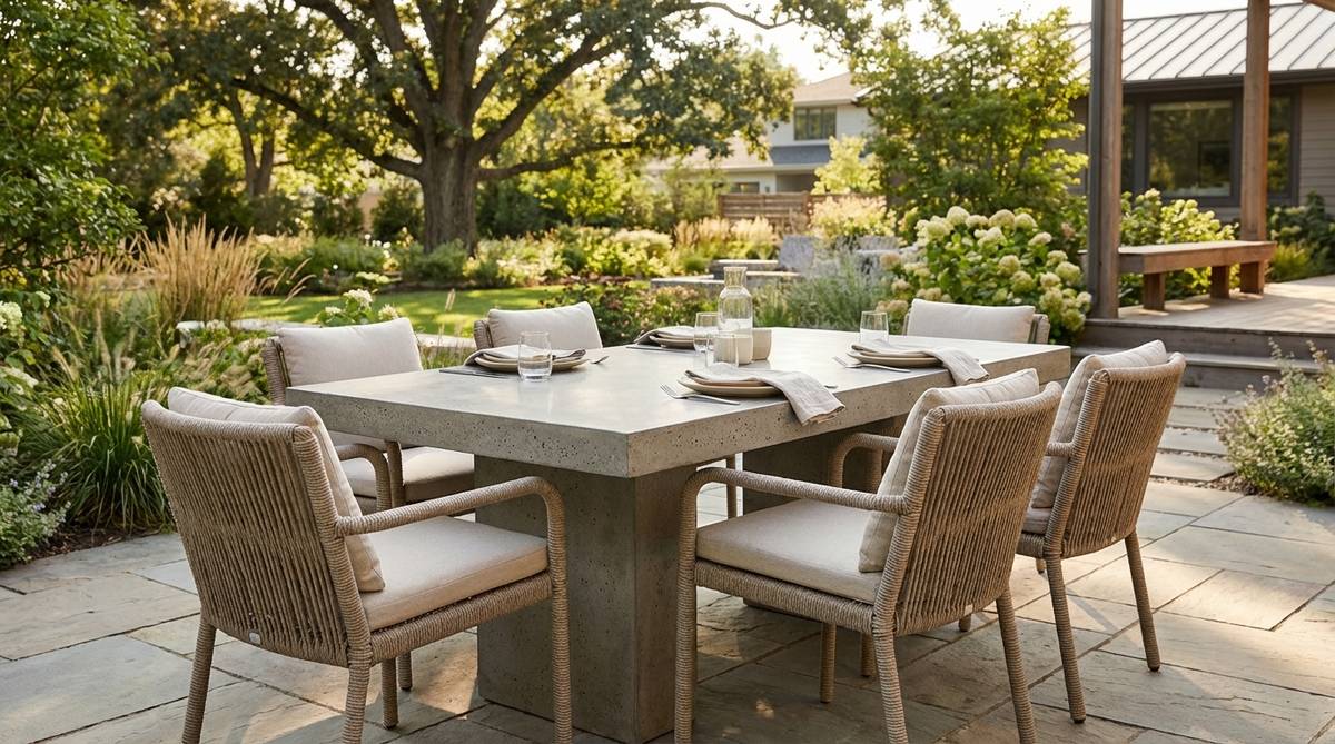A modern garden furniture setup featuring a rectangular concrete table with a heat-resistant, sealed finish that highlights aggregate texture, paired with rope-wrapped chairs for visual softness and ergonomic support, ideal for outdoor dining.