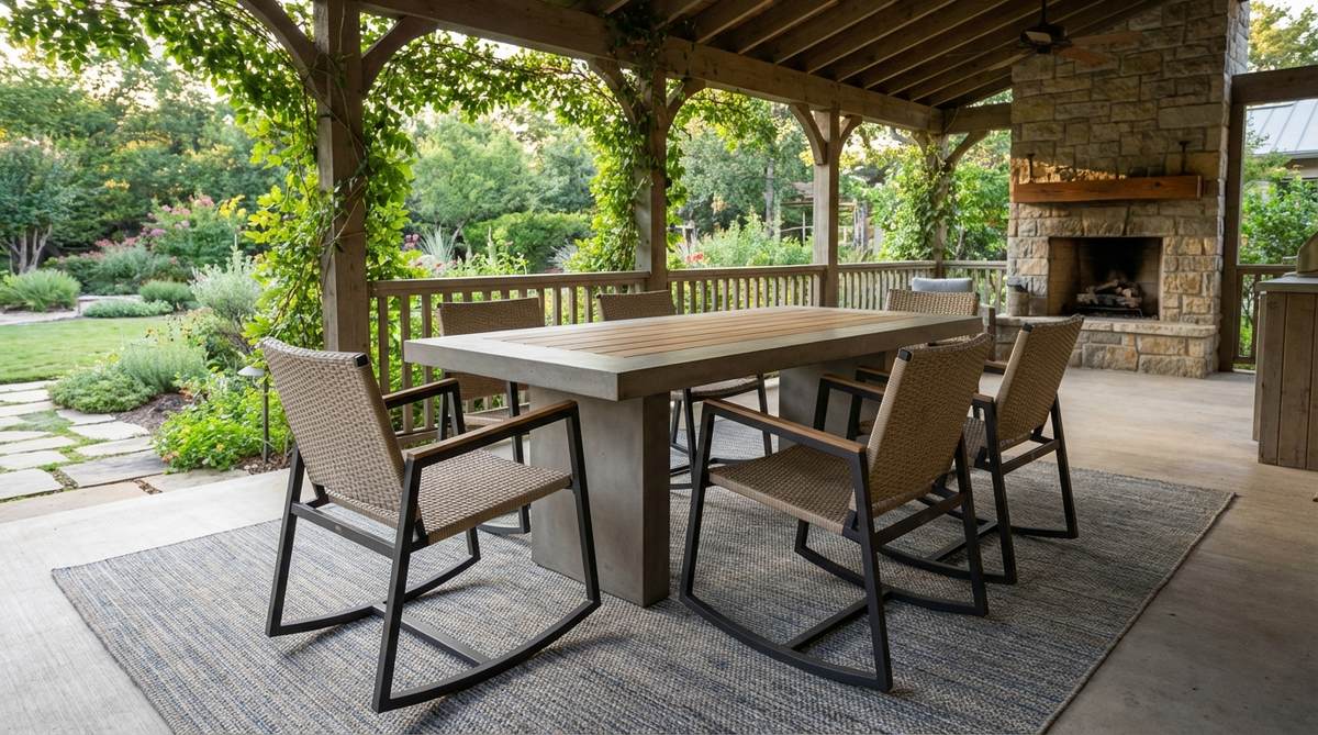 Compact rocking chairs arranged around a contemporary garden dining table on a covered porch, blending nostalgic motion with clean-lined modern frames. The setup features a sturdy table that resists tipping and a low-pile outdoor rug to anchor the visual rhythm, creating an ideal space for lingering conversations, card games, and casual snacks in Southern-style porches or lake houses.