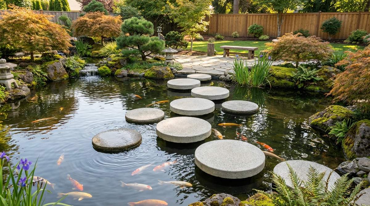 Custom-poured circular concrete stepping stones, 18-24 inches in diameter, create a floating pathway across a Japanese garden pond. Spaced 6-8 inches apart, they encourage mindful movement and observation, with round forms echoing the ripples of koi fish. The stones can be set just below water level to appear floating or raised 2-3 inches above for dry crossing, establishing visual harmony between natural and constructed elements.