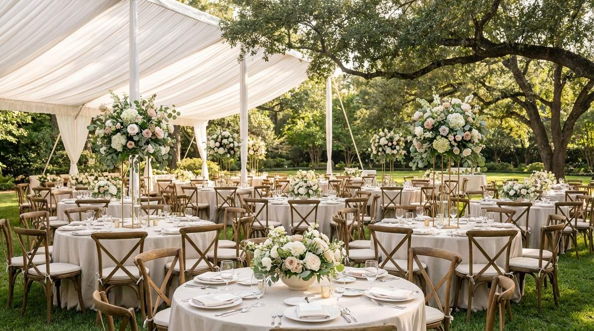 Outdoor wedding reception setup featuring 50-inch round tables seating 8-10 guests, with alternating tall (30-36 inches) and low (under 14 inches) floral centerpieces creating vertical rhythm. Tall arrangements on brass or glass stands allow guests to maintain eye contact beneath the florals, while varied heights ensure different visual experiences at each table. The centerpiece scale coordinates with tent height or overhead tree canopy for proportional relationships in outdoor decor.