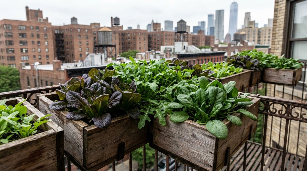 A close-up photo of shallow window boxes mounted on a balcony railing in New York City, filled with thriving salad greens including lettuce, arugula, and spinach. The image shows the lush green leaves ready for harvesting, with the urban skyline visible in the background, demonstrating how cool-season greens can be grown in limited space with continuous production from April through October.