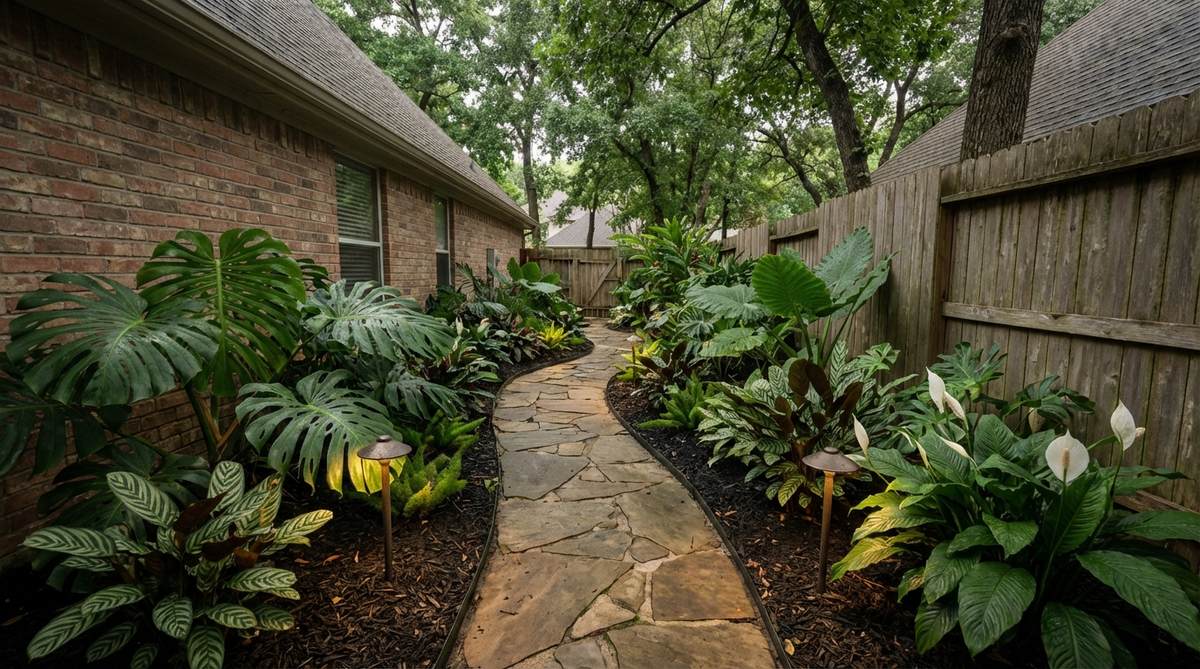 A lush tropical garden walkway featuring shade-tolerant plants like monstera, calathea, and peace lily in a dim side yard. The design includes staggered plantings, uplighting to highlight leaf textures, and heavy mulch for moisture retention, transforming neglected spaces into beautiful garden assets.