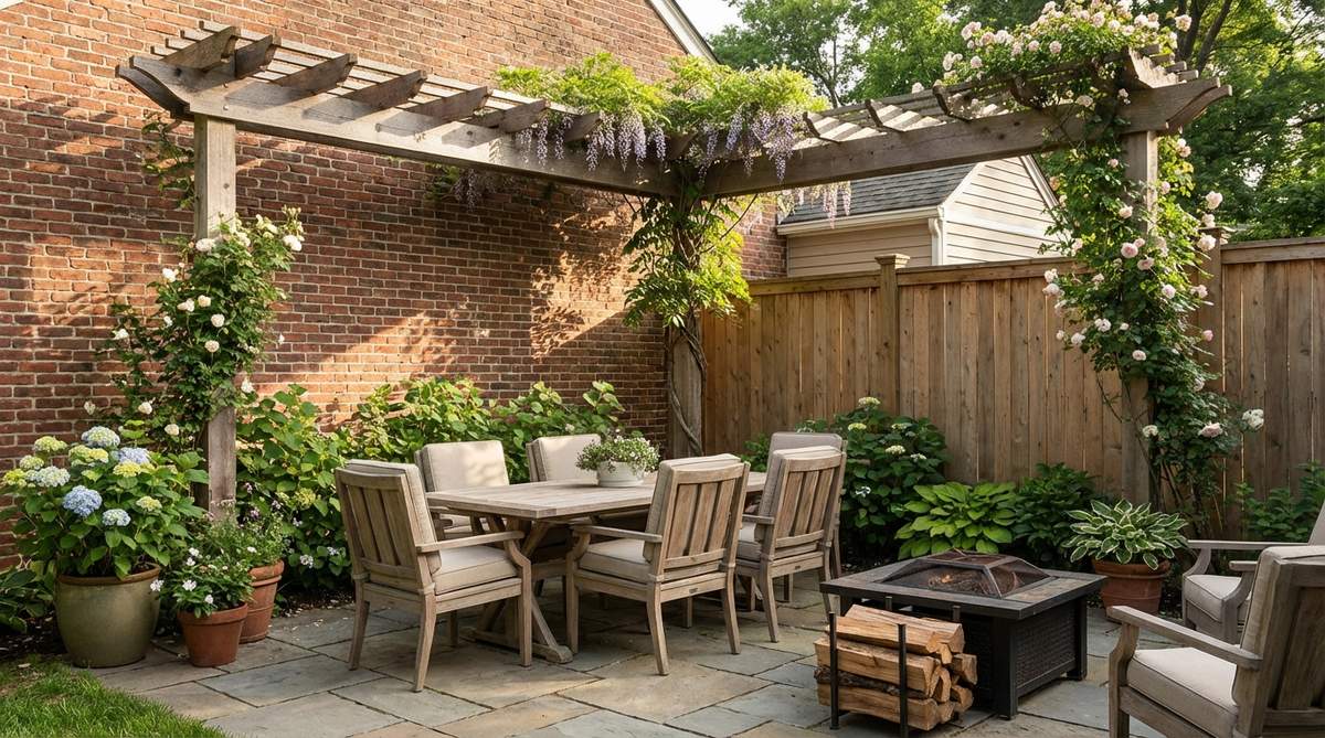 A decorative ladder shelf leaning in the corner behind a single accent chair, with potted plants and lanterns displayed on the rungs, creating a layered and flexible garden furniture arrangement.