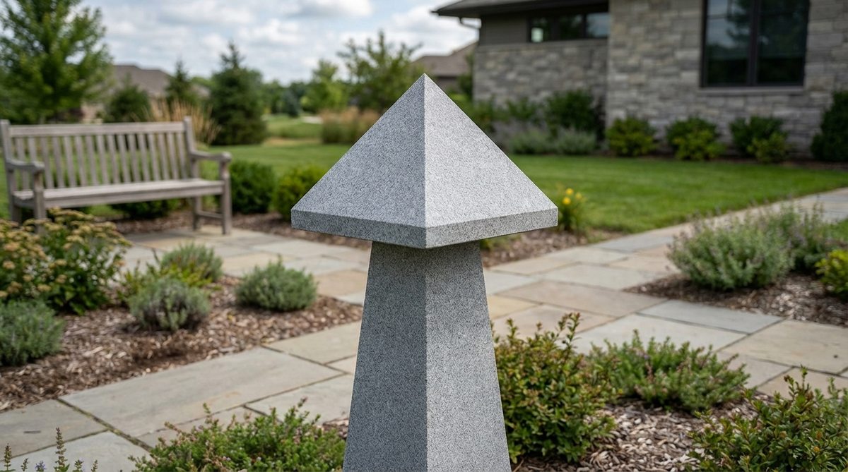 A clean four-sided pyramid cap in granite with sharp ridge lines, providing minimal ornamentation while fulfilling water-shedding function. The geometric purity suits contemporary landscapes where decoration feels excessive. The pyramid's slope angle matches the obelisk shaft's taper angle for visual continuity, with options for polished or honed finishes.