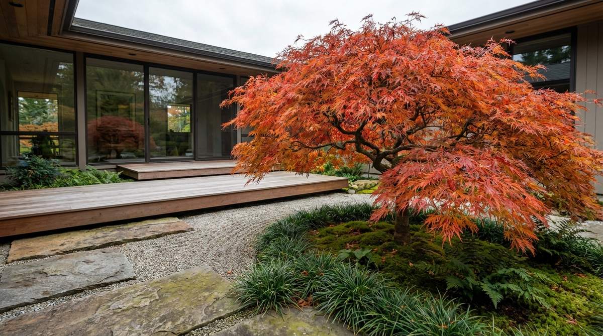A single exceptional Japanese maple tree serving as the primary plant feature in a modern Japanese garden, showcasing dissected foliage or dramatic fall color for seasonal interest. Positioned to be appreciated from multiple vantage points including indoor viewing areas, underplanted with simple groundcovers that complement without competing for attention.