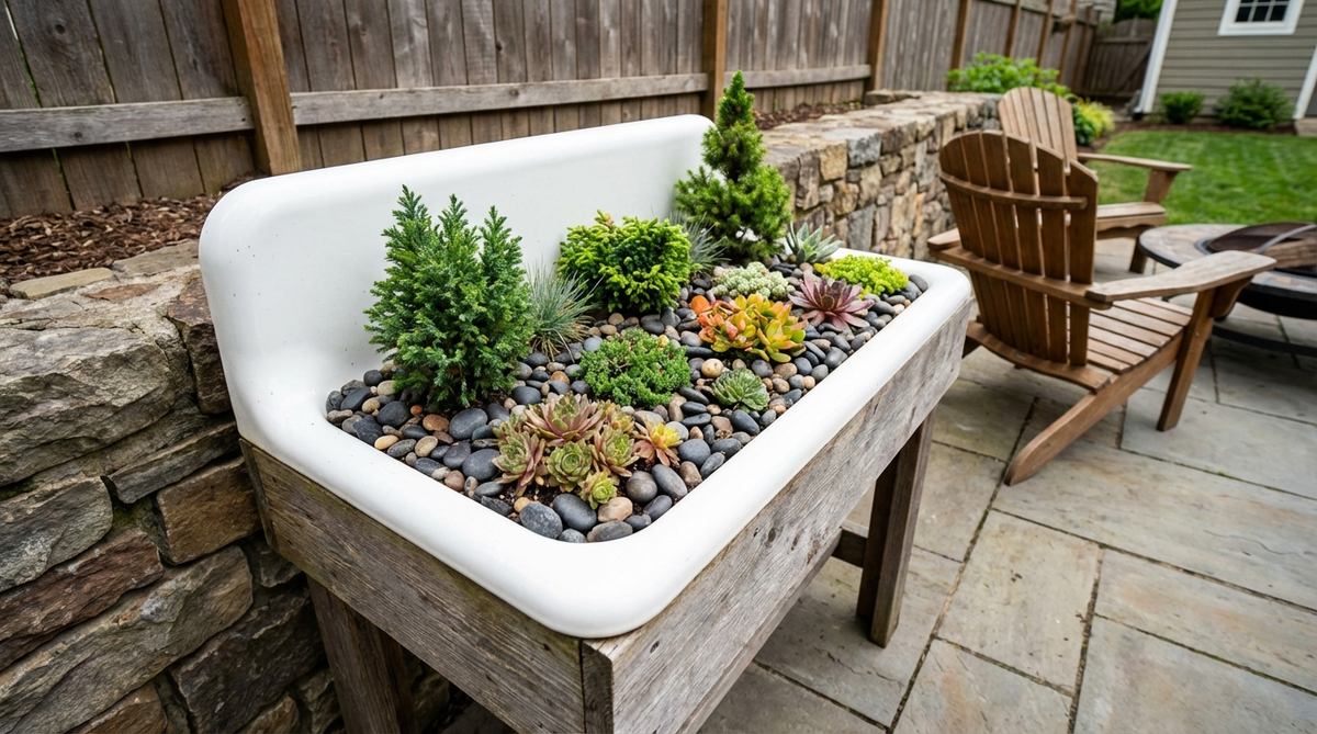 A beautiful sink and trough garden featuring alpine plants, dwarf conifers, and succulents in a porcelain sink container with decorative stone top-dressing, perfect for small backyard garden design with substantial depth and visual grounding.