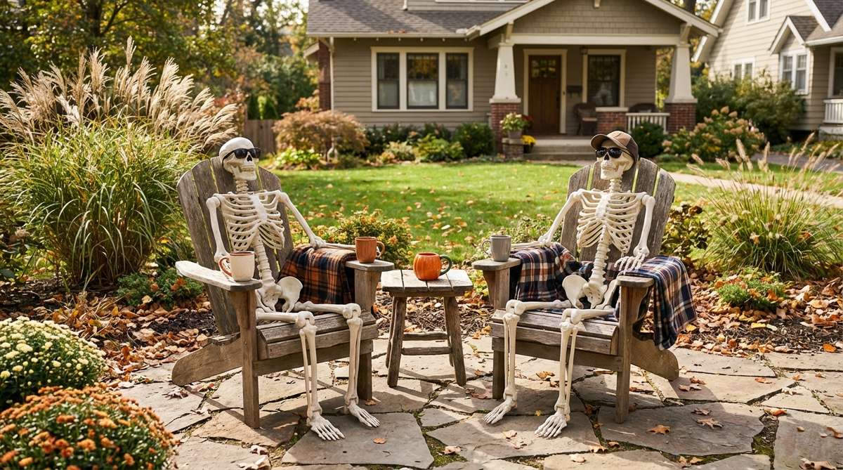 A humorous Halloween outdoor decor scene featuring full-size skeletons casually relaxing on Adirondack chairs, accessorized with sunglasses, mugs, and blankets to create a laid-back, seasonal vibe.